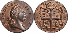 1773 Virginia Halfpenny. Newman 23-R, W-1565. Rarity-4. Period After GEORGIVS, 7 Harp Strings. MS-63 BN (PCGS).

Glossy, lustrous medium-brown with ...
