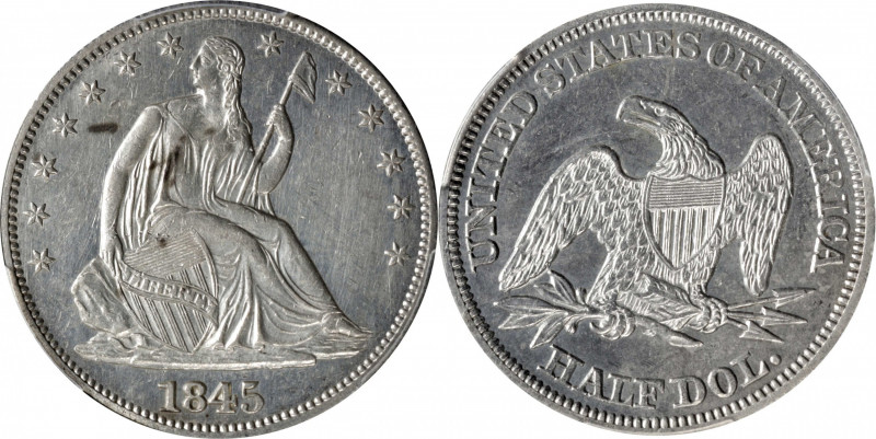 1845 Liberty Seated Half Dollar. WB-1. Rarity-3. Repunched Date. AU Details--Cle...