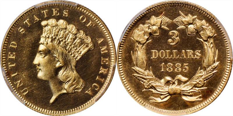 1885 Three-Dollar Gold Piece. JD-1, the only known dies. Rarity-4+. Proof-64 Cam...