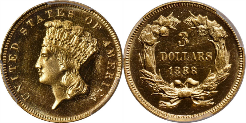 1888 Three-Dollar Gold Piece. JD-1, the only known dies. Rarity-4-. Proof-64 Cam...