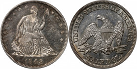 1848 Liberty Seated Half Dollar. WB-13. Rarity-4. AU-58 (PCGS).

An unlisted early die state of the 1848 WB-13 attribution, this coin does not displ...