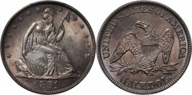 1851 Liberty Seated Half Dollar. WB-5. Rarity-4. Repunched Date. MS-64 (PCGS).

Softly frosted surfaces and soft, iridescent toning in apricot and l...