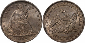 1852 Liberty Seated Half Dollar. WB-2. Rarity-4. MS-63 (PCGS).

Soft champagne-apricot iridescence mingles with mint luster on this well-struck half...