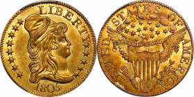 1805 Capped Bust Right Half Eagle. BD-1. Rarity-3+. Perfect 1, Close Date. MS-62 (PCGS).

Gorgeous surfaces exhibit colorful overtones of reddish-or...