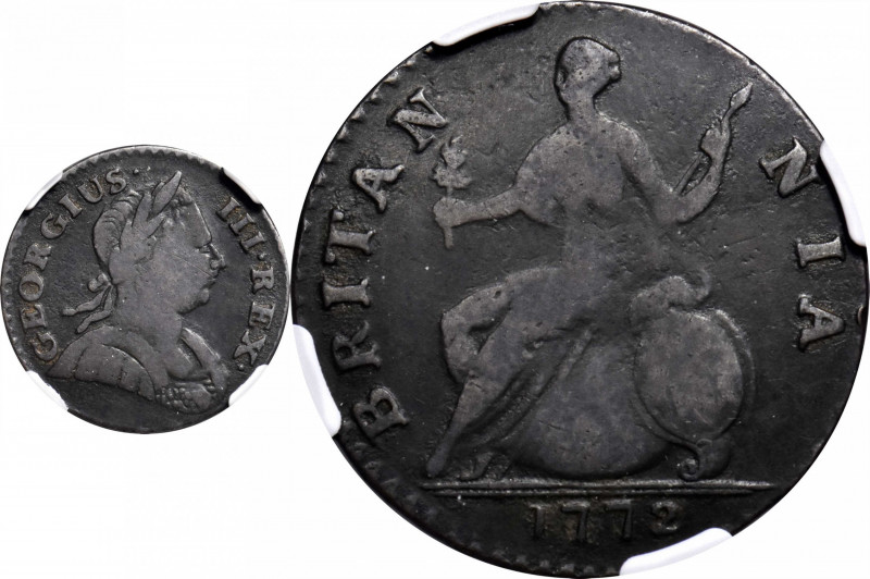 1772 Machin's Mills Halfpenny. Vlack 7-72B, W-7730. Rarity-6+. GEORGIUS III, Gro...