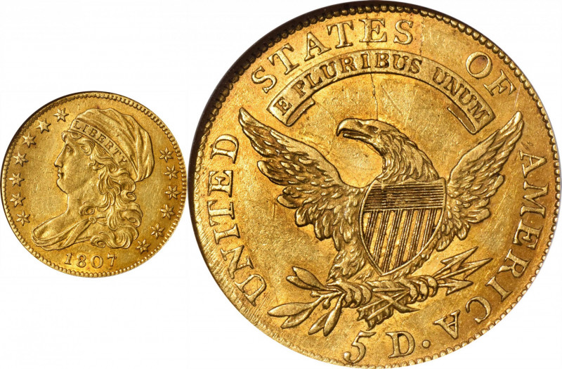 1807 Capped Bust Left Half Eagle. BD-7. Rarity-5+. AU-58 (NGC).

This vividly ...