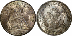 1855 Liberty Seated Half Dollar. Arrows. WB-101. MS-63 (PCGS).

Sandy-silver patina blankets the obverse with streaks of similar toning interrupting...