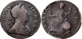 1776 Machin's Mills Halfpenny. Vlack 6-76A, W-7790. Rarity-4. GEORGIVS III, Group I, Large Date. VF-30 (PCGS).

106.3 grains. Boldly defined for bot...