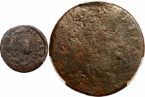 1777 Circulating Counterfeit Halfpenny. Vlack 10-77A, W-8125. Rarity-7+. Machin's Mills Related. Fine Details--Excessive Corrosion (NGC).

An exciti...
