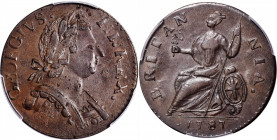 1787 Machin's Mills Halfpenny. Vlack 17-87B, W-7910. Rarity-2. GEORGIVS III, Group II. AU-58 (PCGS).

A truly outstanding example of both the series...
