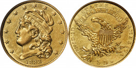 1833 Capped Head Left Half Eagle. BD-1. Rarity-5+. Wide, Large Date. AU-55 (NGC).

This 1833 half eagle is remarkably attractive for the assigned gr...