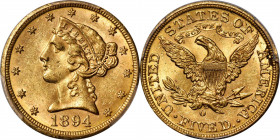 1894-O Liberty Head Half Eagle. Winter-1. MS-63 (PCGS).

A lovely half eagle with vivid orange-olive color and slightly reflective luster. Lightly a...