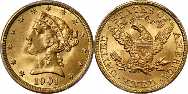 1901 Liberty Head Half Eagle. MS-67 (PCGS).

Extraordinary rose-gold surfaces ...