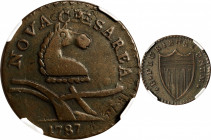 1787 New Jersey Copper. Maris 56-n, W-5310. Rarity-1. No Sprig Above Plow, Camel Head--Overstruck on a Contemporary Counterfeit English Halfpenny--EF-...