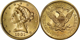 1901-S Liberty Head Half Eagle. MS-67+ (PCGS).

This exquisite Superb Gem half eagle exhibits full frosty luster enhanced by bright pinkish-gold col...