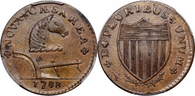 1788 New Jersey Copper. Maris 75-bb, W-5520. Rarity-4. Horse's Head Right, Running Fox Before Legend. AU-58 (PCGS).

151.24 grains. Graded Uncircula...