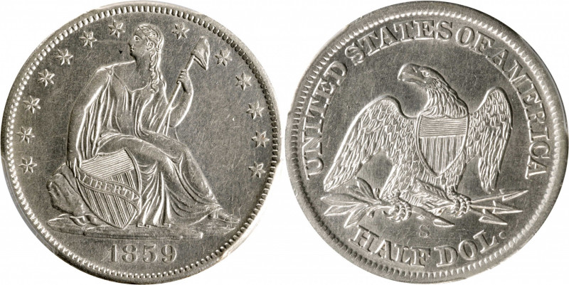 1859-S Liberty Seated Half Dollar. WB-7. Rarity-3. Repunched Date, Medium S. AU-...