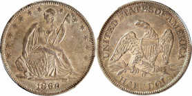 1860-O Liberty Seated Half Dollar. Type II Reverse. WB-7. Rarity-3. Eagle Laying Egg. AU-55 (PCGS). CAC.

PCGS# 6300. NGC ID: 24J4.

CAC Populatio...