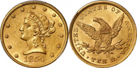 1854-S Liberty Head Eagle. MS-60 (PCGS).

An impressive Condition Census example with overall medium gold color and subtle pale rose tinting. It is ...