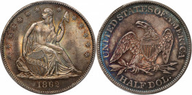 1862 Liberty Seated Half Dollar. WB-101. MS-65 (PCGS).

This half dollar is gorgeously toned in reddish-gold, pearl gray salmon-pink, with a halo of...