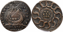 1787 Fugio Cent. Club Rays. Newman 3-D, W-6680. Rarity-2. Rounded Ends. VF-30 (PCGS).

149.3 grains. A remarkable and highly unusual error for a Fug...
