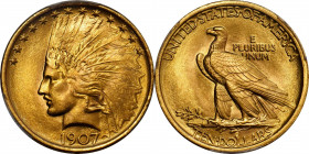 1907 Indian Eagle. No Periods. MS-66 (PCGS).

Rarely do examples of this popular type issue from the first year of the Indian eagle series possess t...