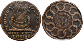 1787 Fugio Cent. Club Rays. Newman 4-E, W-6685. Rarity-3. Rounded Ends. EF-40 (PCGS).

147.0 grains. An impressive example struck dead-centered on a...