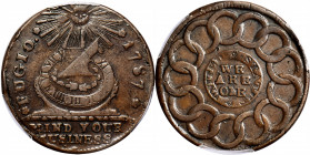 1787 Fugio Cent. Club Rays. Newman 4-E, W-6685. Rarity-3. Rounded Ends. VF-35 (PCGS).

Glossy medium brown surfaces and strong overall detail, this ...