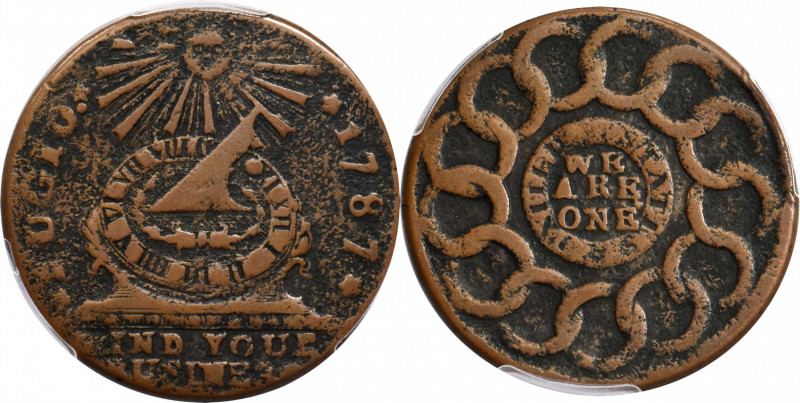 1787 Fugio Cent. Club Rays. Newman 5-F, W-6640. Rarity-7-. Concave Ends, UNITED ...