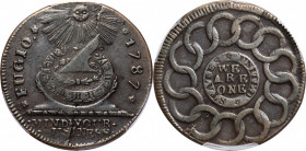 1787 Fugio Cent. Pointed Rays. Newman 7-T, W-6735. Rarity-3. STATES UNITED, 4 Cinquefoils. EF-40 (PCGS).

159.5 grains. A late die state example of ...