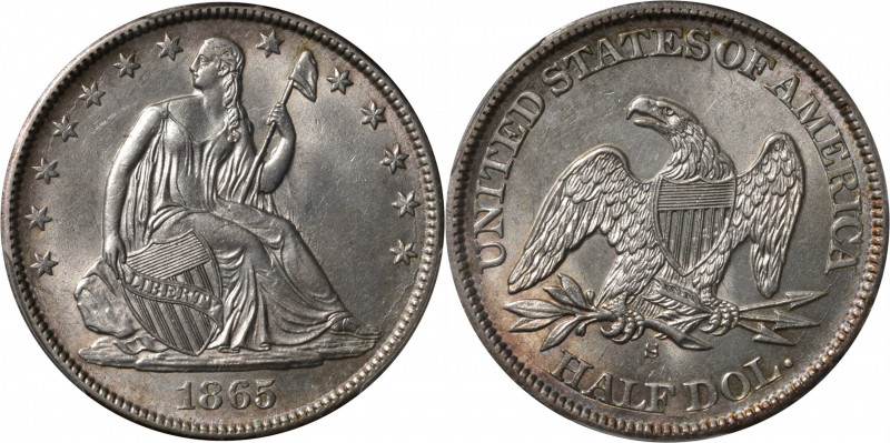 1865-S Liberty Seated Half Dollar. WB-1. Rarity-6. Late Die State. Small Wide Br...