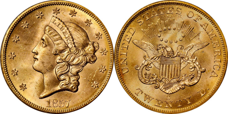 1857-S Liberty Head Double Eagle. Variety-20E. Broken A. Gold S.S. Central Ameri...