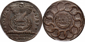 1787 Fugio Cent. Pointed Rays. Newman 8-B, W-6740. Rarity-2. UNITED STATES, 4 Cinquefoils. AU-58 (PCGS).

148.1 grains. Superior quality for a Fugio...