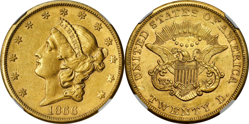 1866-S Liberty Head Double Eagle. No Motto. AU-55 (NGC).

Here is an attractiv...