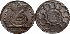 1787 Fugio Cent. Pointed Rays. Newman 8-X, W-6750. Rarity-3. STATES UNITED, 4 Cinquefoils. MS-63 BN (PCGS).

141.0 grains. A lustrous steel-brown pi...
