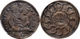 1787 Fugio Cent. Pointed Rays. Newman 8-X, W-6750. Rarity-3. STATES UNITED, 4 Cinquefoils--Double Struck--AU-50 (PCGS).

155.0 grains. A fascinating...