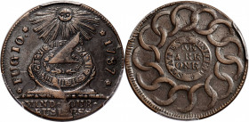 1787 Fugio Cent. Pointed Rays. Newman 8-X, W-6750. Rarity-3. STATES UNITED, 4 Cinquefoils. EF-45 (PCGS).

148.9 grains. A gorgeous coin for the grad...