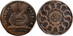 1787 Fugio Cent. Pointed Rays. Newman 9-S, W-6765. Rarity-6. STATES UNITED, 4 Cinquefoils. VG-8 (PCGS).

157.1 grains. A very rare die variety of Fu...