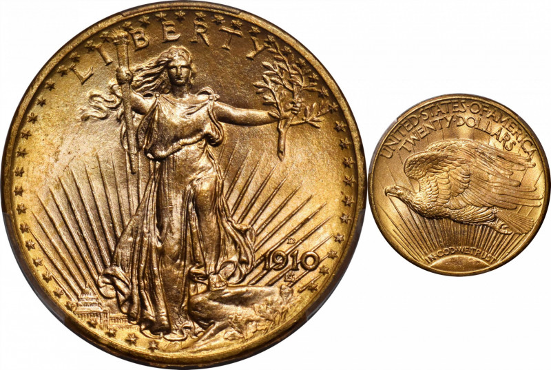 1910-D Saint-Gaudens Double Eagle. MS-66 (PCGS).

This delightful example exhi...