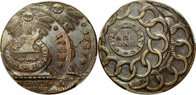 1787 Fugio Cent. Pointed Rays. Newman 11-B, W-6785. Rarity-4. UNITED STATES, 4 Cinquefoils--Double Struck--MS-63 BN (PCGS).

An exceptional example ...