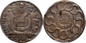 1787 Fugio Cent. Pointed Rays. Newman 11-B, W-6785. Rarity-4. UNITED STATES, 4 Cinquefoils. AU-58 (PCGS).

133.0 grains. A charming Near-Mint Fugio ...