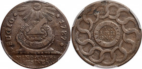1787 Fugio Cent. Pointed Rays. Newman 12-M, W-6800. Rarity-3. STATES UNITED, 4 Cinquefoils. VF-35 (PCGS).

158.0 grains. A lovely light brown coin w...