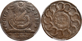 1787 Fugio Cent. Pointed Rays. Newman 12-X, W-6820. Rarity-2. STATES UNITED, 4 Cinquefoils. VF-35 (PCGS).

A choice light brown coin with an unusual...