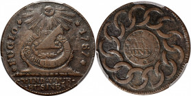 1787 Fugio Cent. Pointed Rays. Newman 12-Z, W-6830. Rarity-5-. STATES UNITED, Label With Raised Rims, Large Letters in WE ARE ONE. VF-25 (PCGS).

15...