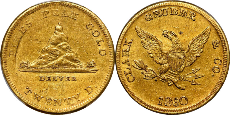 1860 Clark, Gruber & Co. $20. K-4. Rarity-6. AU Details--Graffiti (PCGS).

Her...