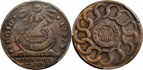 1787 Fugio Cent. Pointed Rays. Newman 12-LL, W-6840. Rarity-6-. STATES UNITED, 4 Cinquefoils. VF-25 (PCGS).

148.6 grains. A legitimately rare die v...