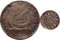 1787 Fugio Cent. Pointed Rays. Newman 13-N, W-6845. Rarity-5. STATES UNITED, 4 Cinquefoils. VF-20 (PCGS).

145.0 grains. Decent chocolate-brown surf...