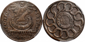 1787 Fugio Cent. Pointed Rays. Newman 13-R, W-6850. Rarity-4. STATES UNITED, 4 Cinquefoils. EF-40 (PCGS).

168.0 grains. A well struck example on st...
