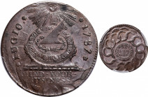 1787 Fugio Cent. Pointed Rays. Newman 13-X, W-6855. Rarity-1. STATES UNITED, 4 Cinquefoils--Double Struck--MS-63 BN (PCGS).

136.9 grains. A fascina...