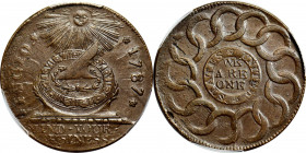 1787 Fugio Cent. Pointed Rays. Newman 13-X, W-6855. Rarity-1. STATES UNITED, 4 Cinquefoils. MS-63 BN (PCGS).

Gorgeous copper-brown surfaces are ric...